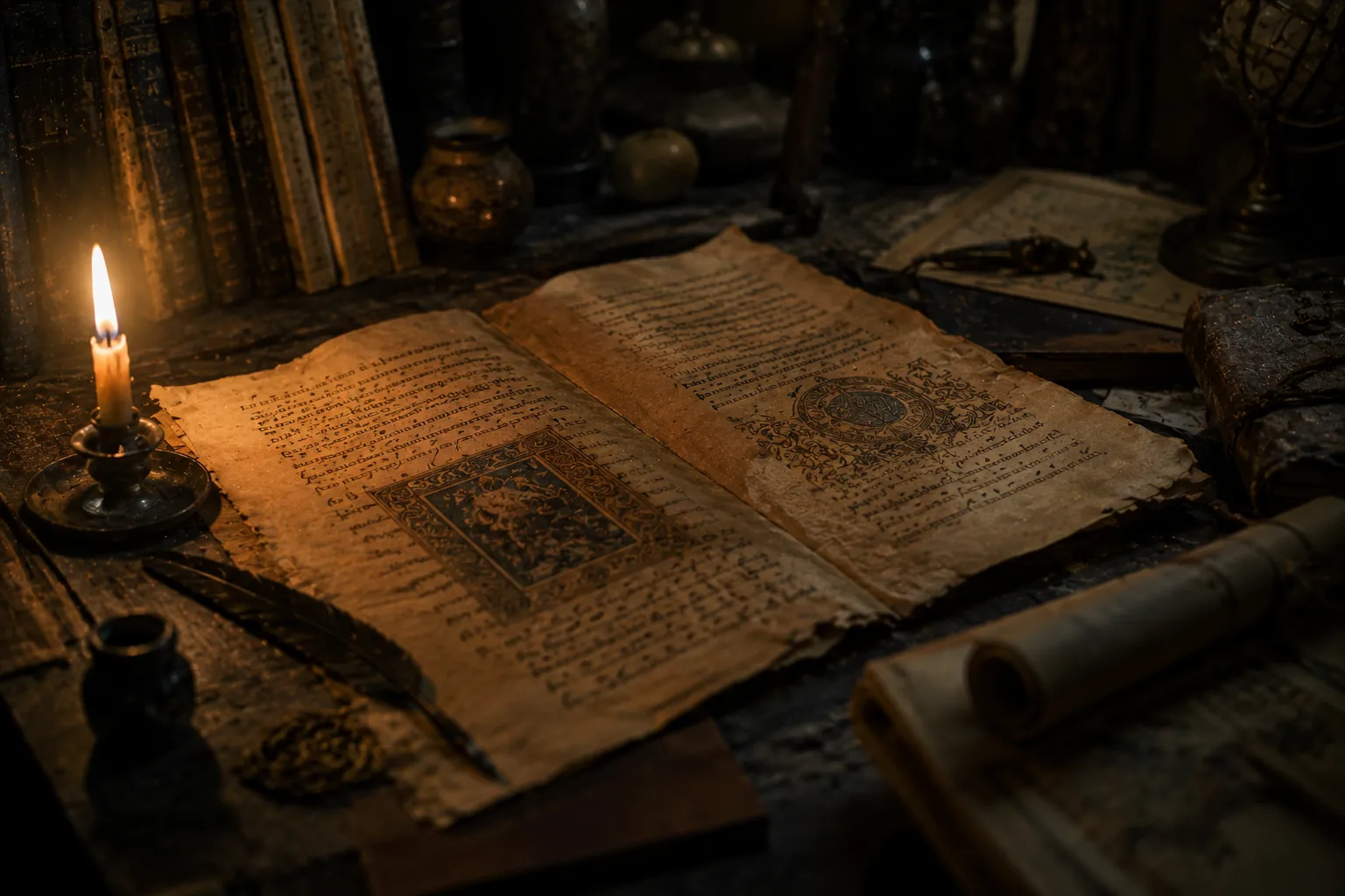 Manuscrito antiguo iluminado por luz tenue.