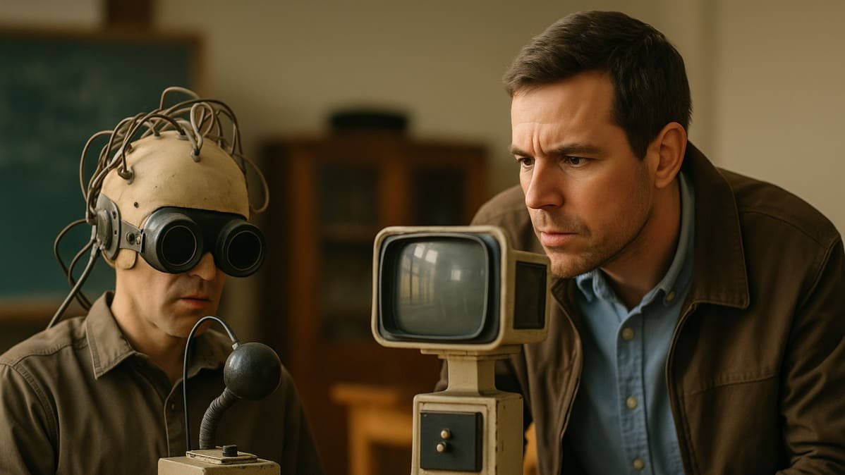 persona observando inventos tecnologicos extranos del ultimo siglo en un entorno realista