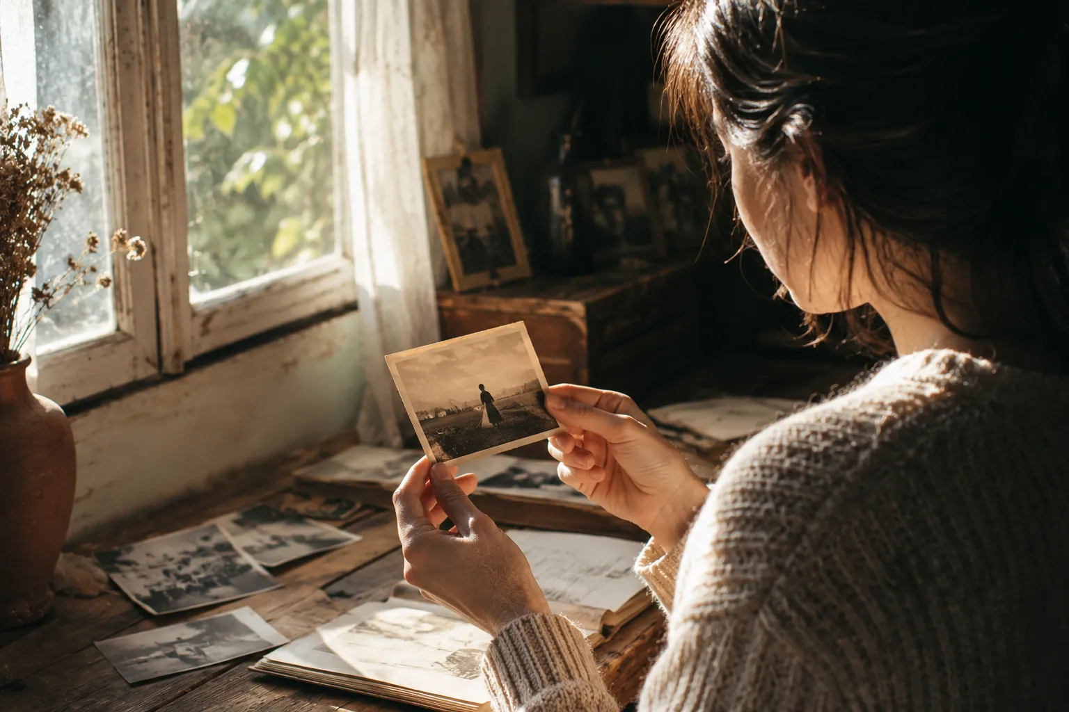 persona mirando una fotografía antigua mientras entra luz suave por una ventana