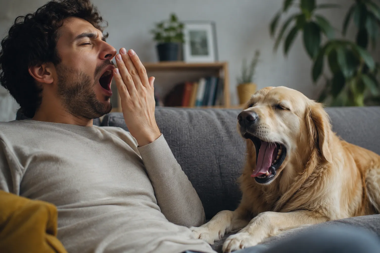 Un perro bostezando después de su dueño