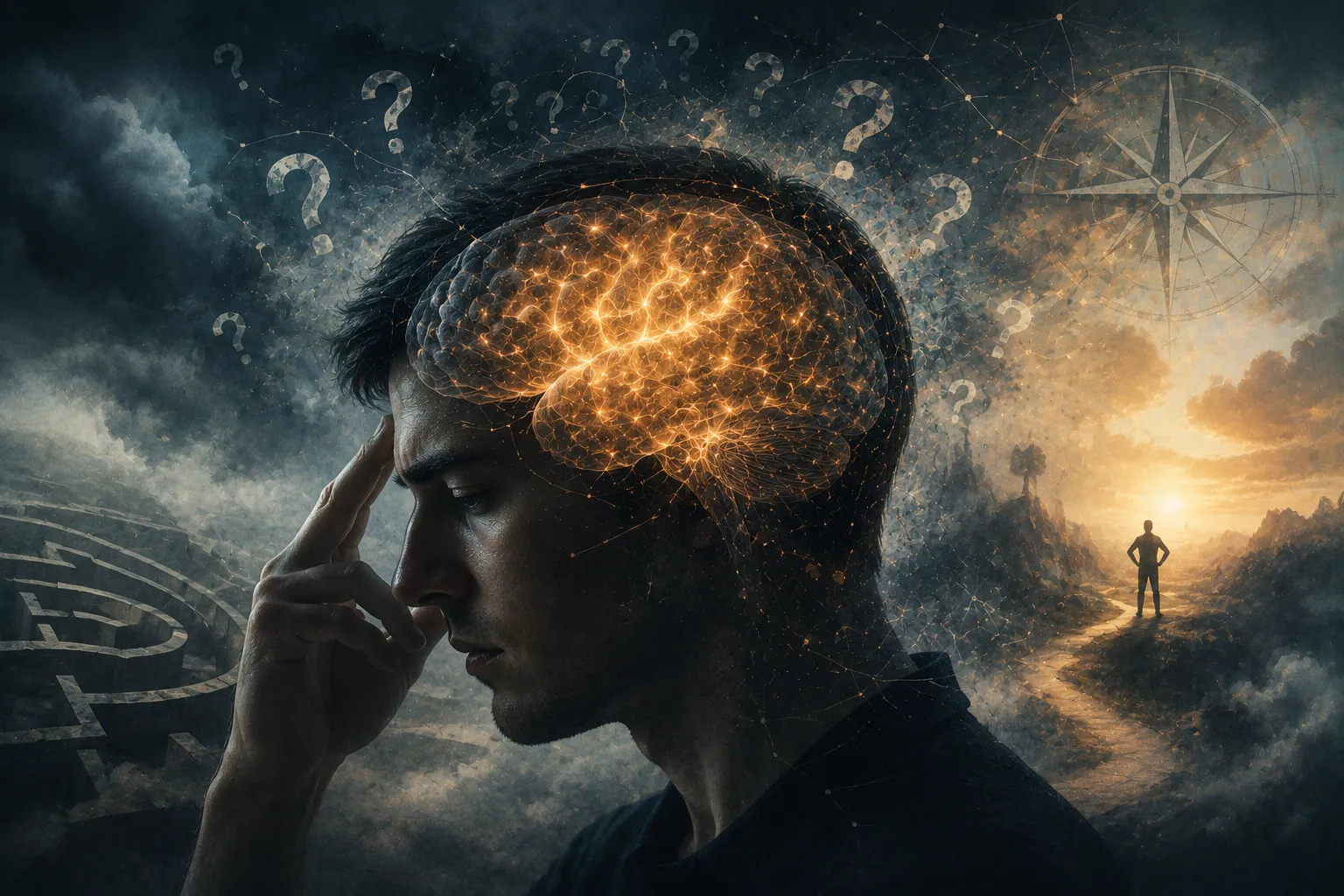 Ilustración de un cerebro con símbolos de incertidumbre