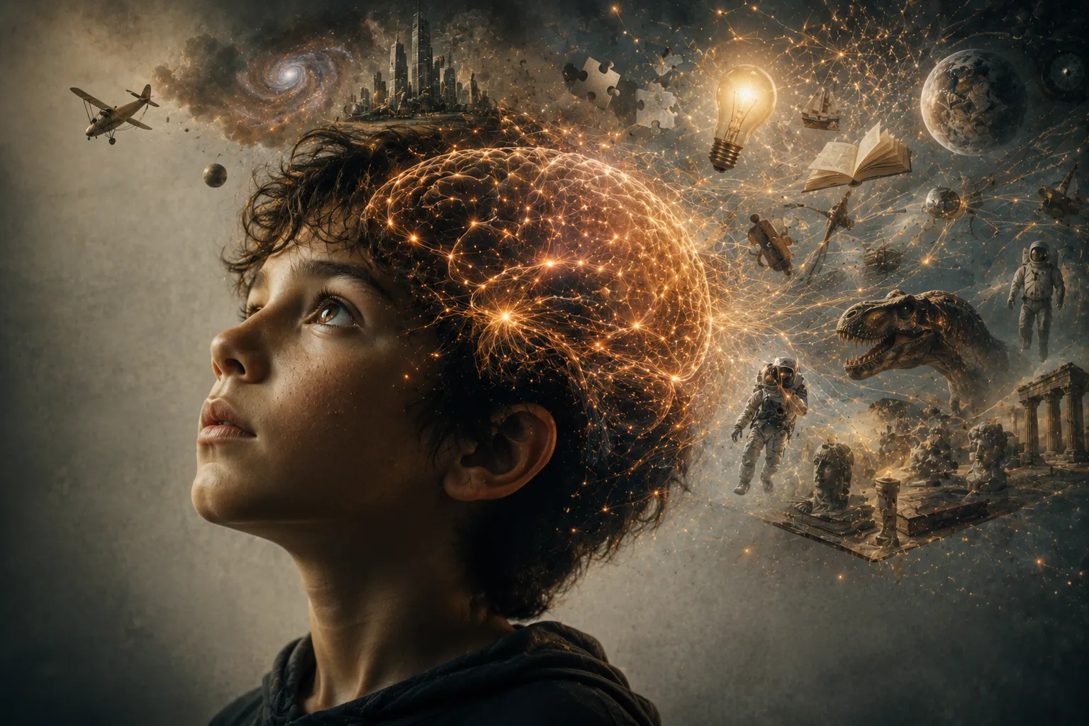 Cerebro humano con destellos de curiosidad