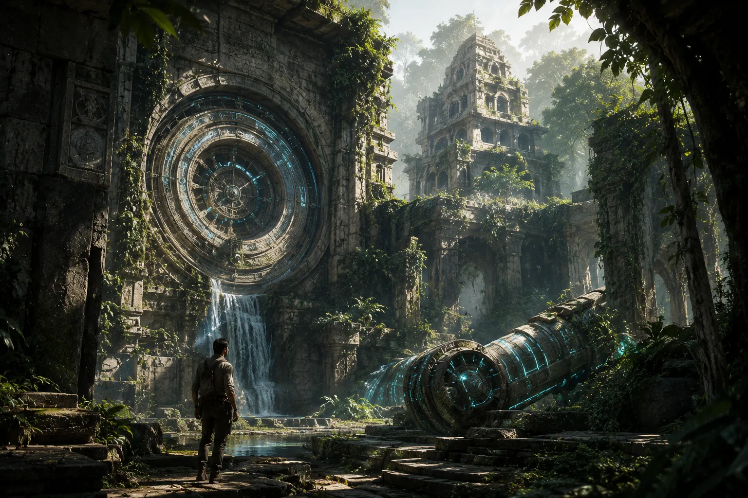 Ruinas antiguas con tecnología avanzada