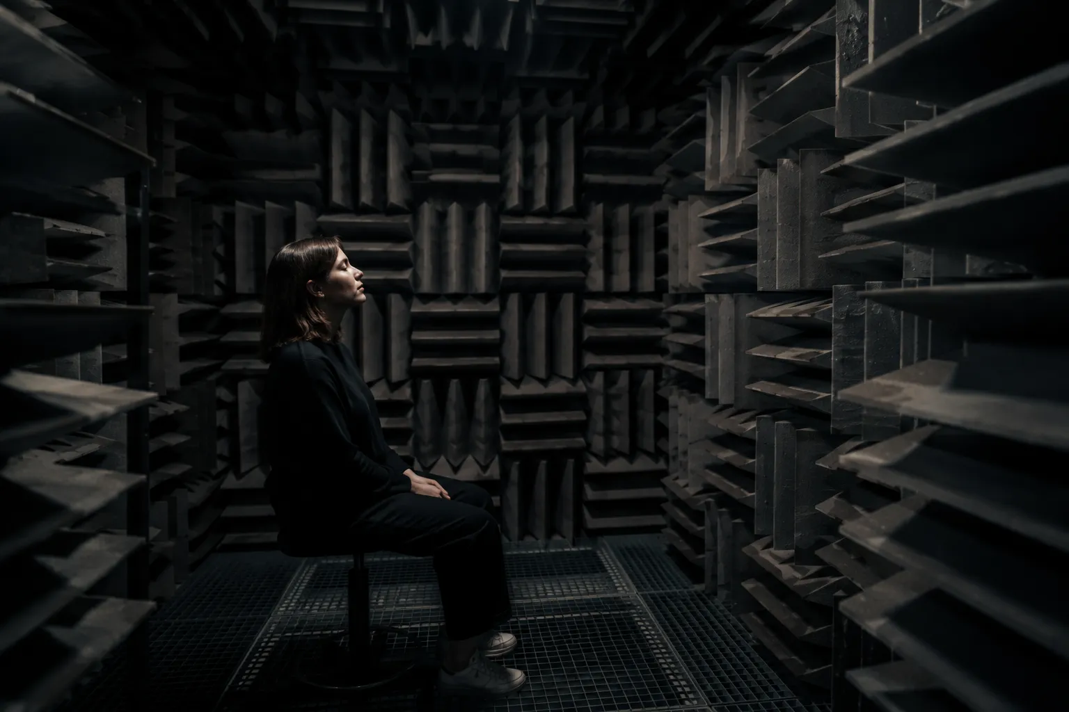 Persona experimentando el silencio absoluto en una cámara anecoica