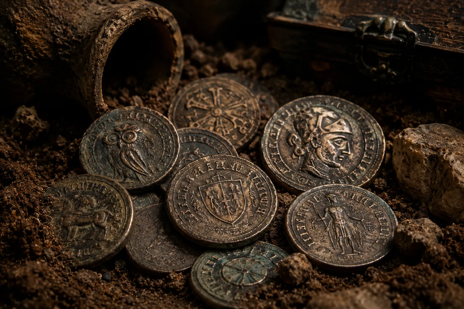 Monedas antiguas con grabados misteriosos.