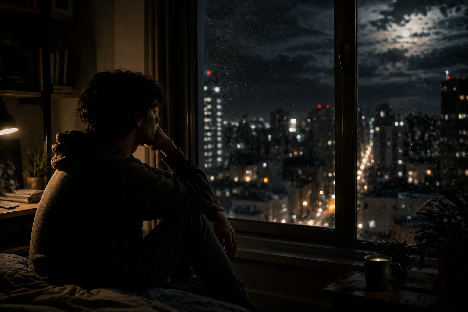 Persona reflexionando en la noche
