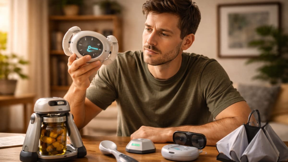 persona interactuando con gadgets tecnologicos poco comunes en un entorno cotidiano