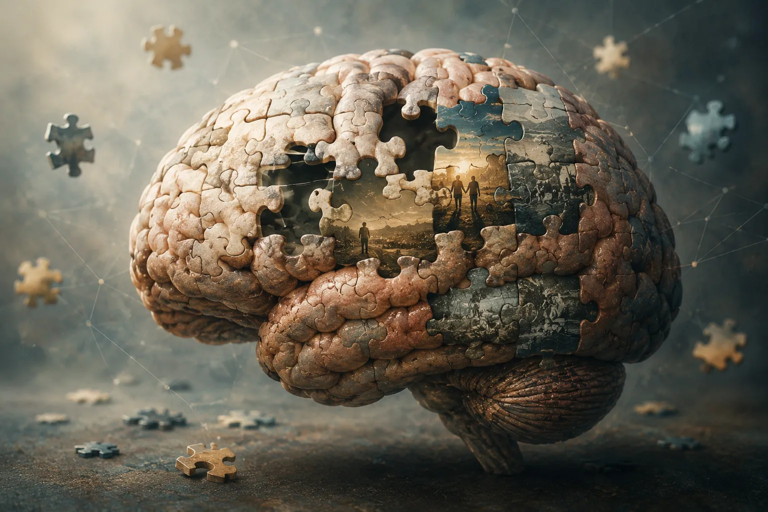 Ilustración de un cerebro humano con piezas de rompecabezas