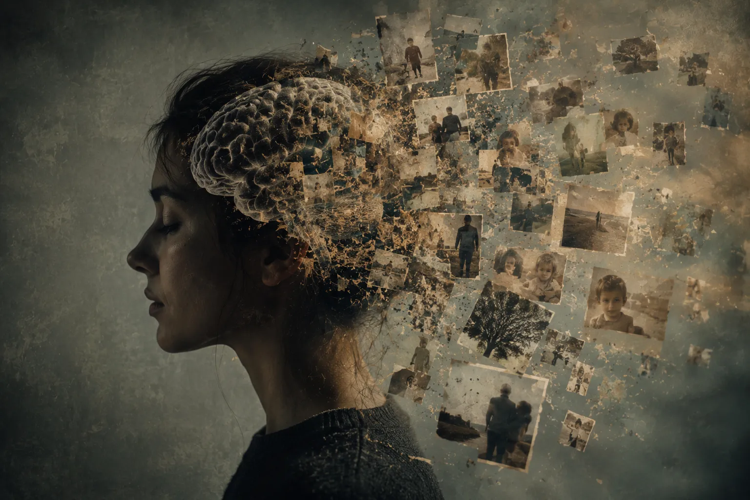 Ilustración del cerebro distorsionando recuerdos con el tiempo.