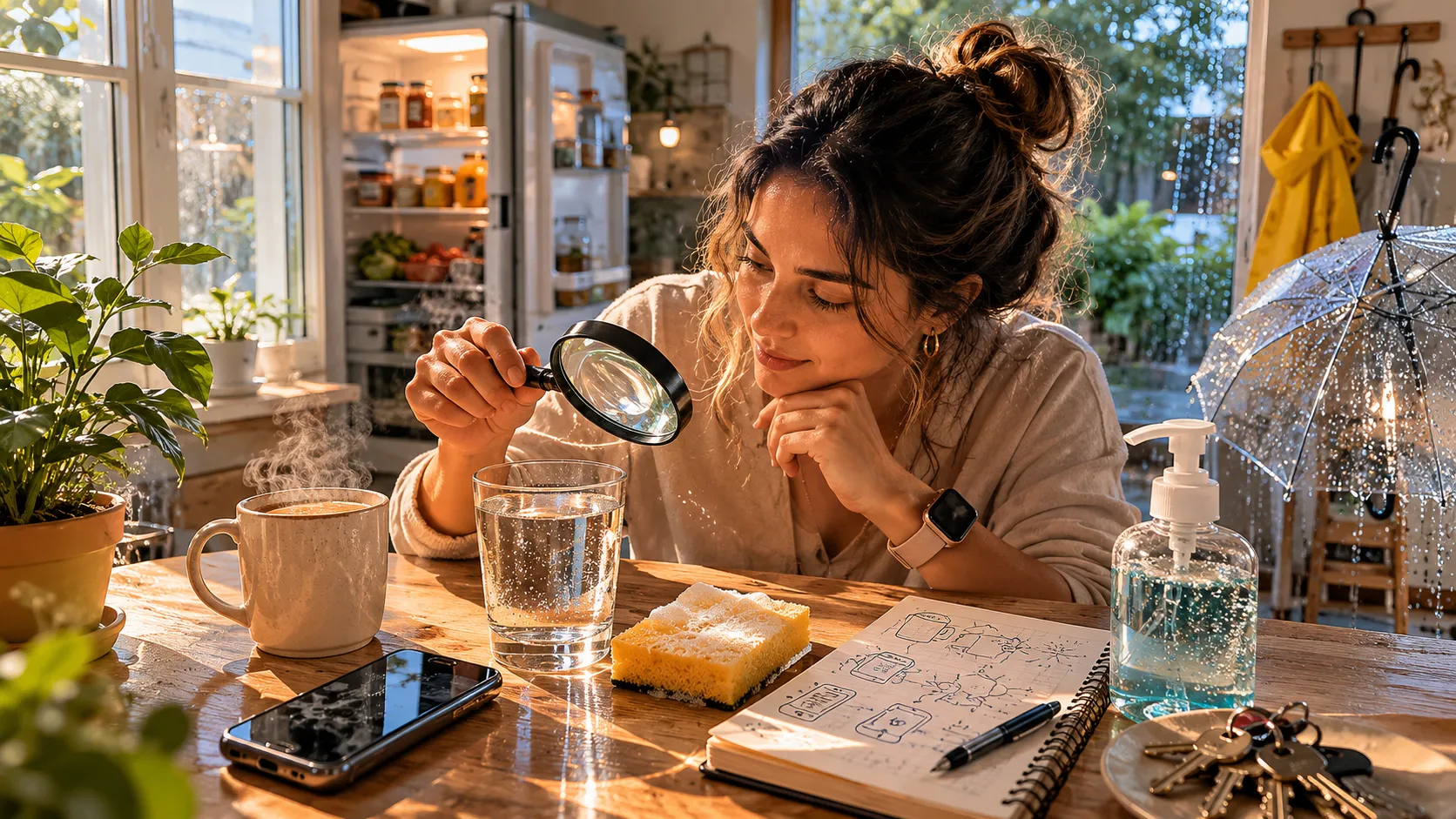 persona observando objetos cotidianos sobre una mesa con luz natural de la mañana