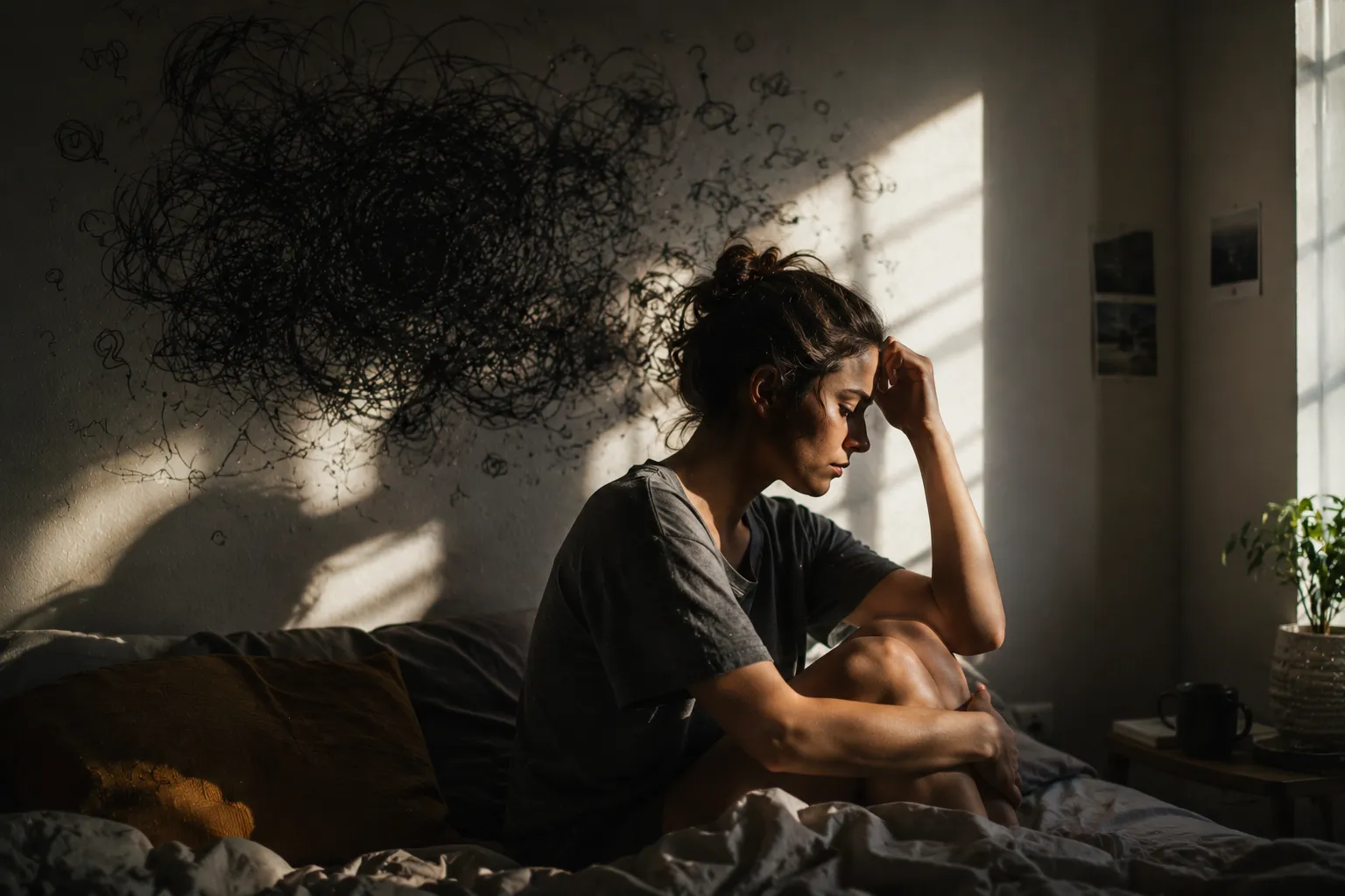 Persona reflexionando sobre pensamientos negativos