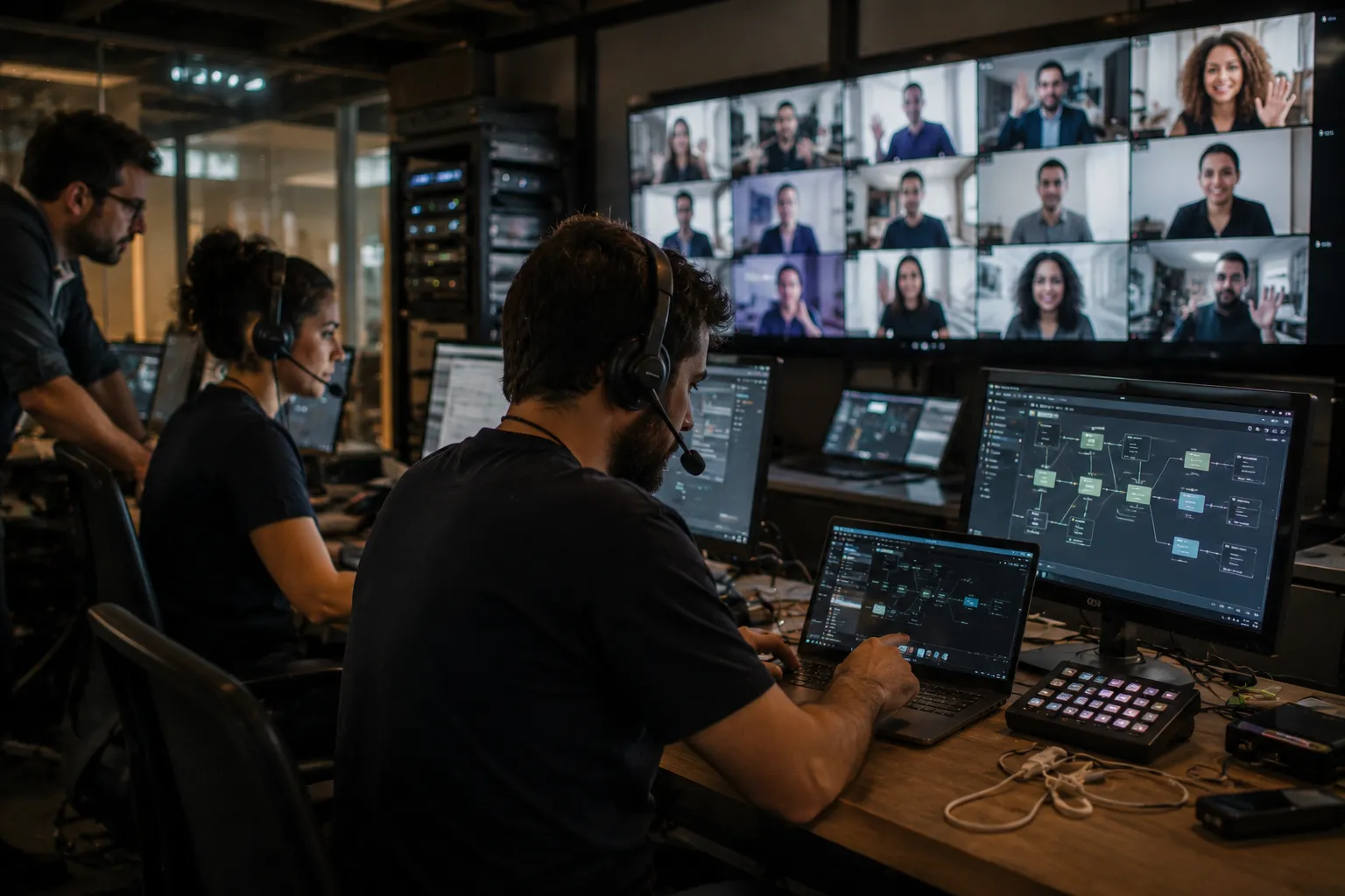 Equipo técnico configurando sistemas de videollamadas