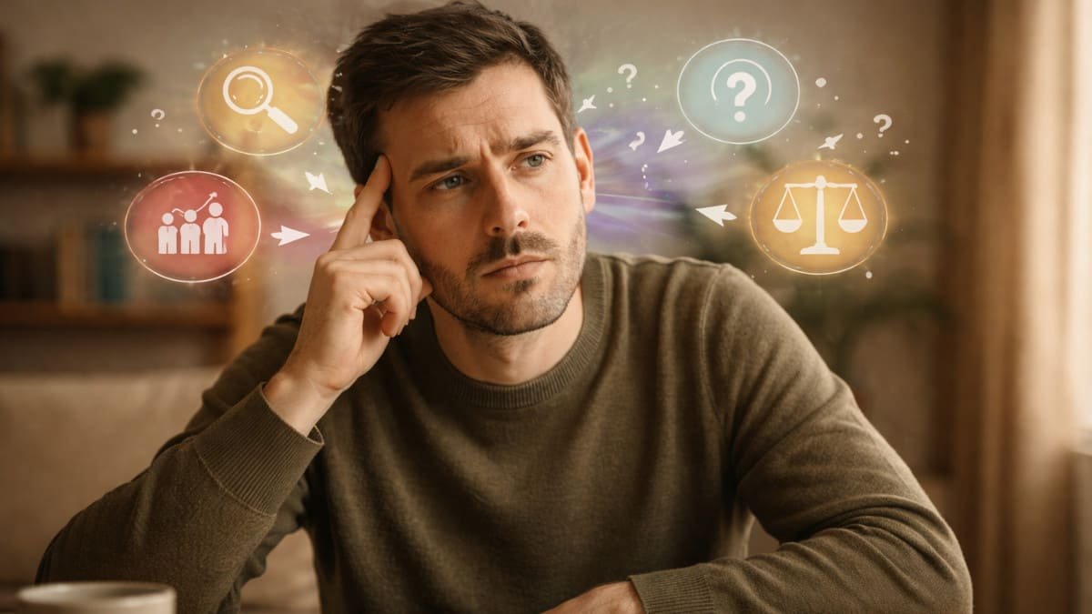 persona reflexionando mientras su mente procesa informacion con sesgos cognitivos