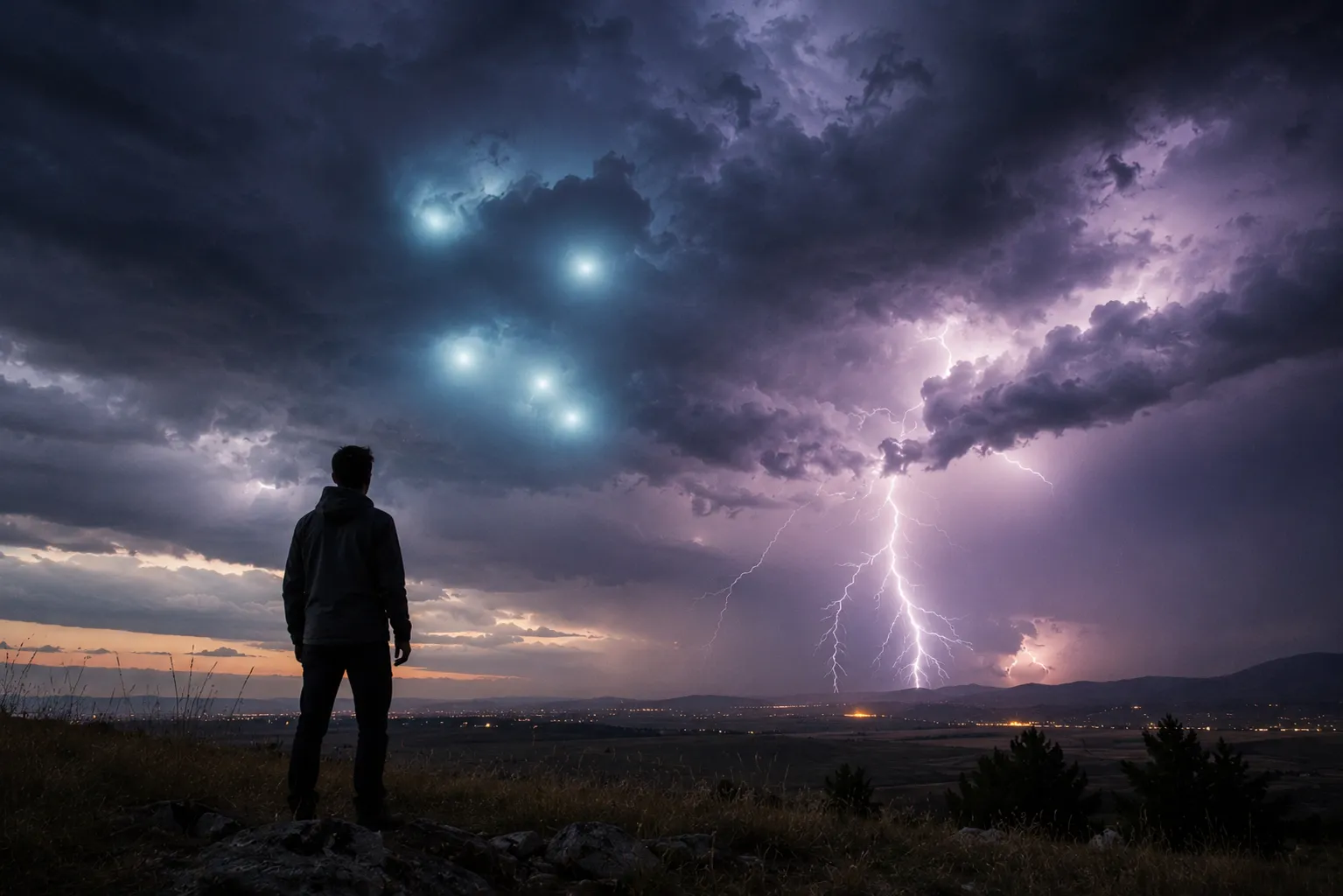 persona observando extrañas luces en el cielo durante una noche de tormenta en el campo
