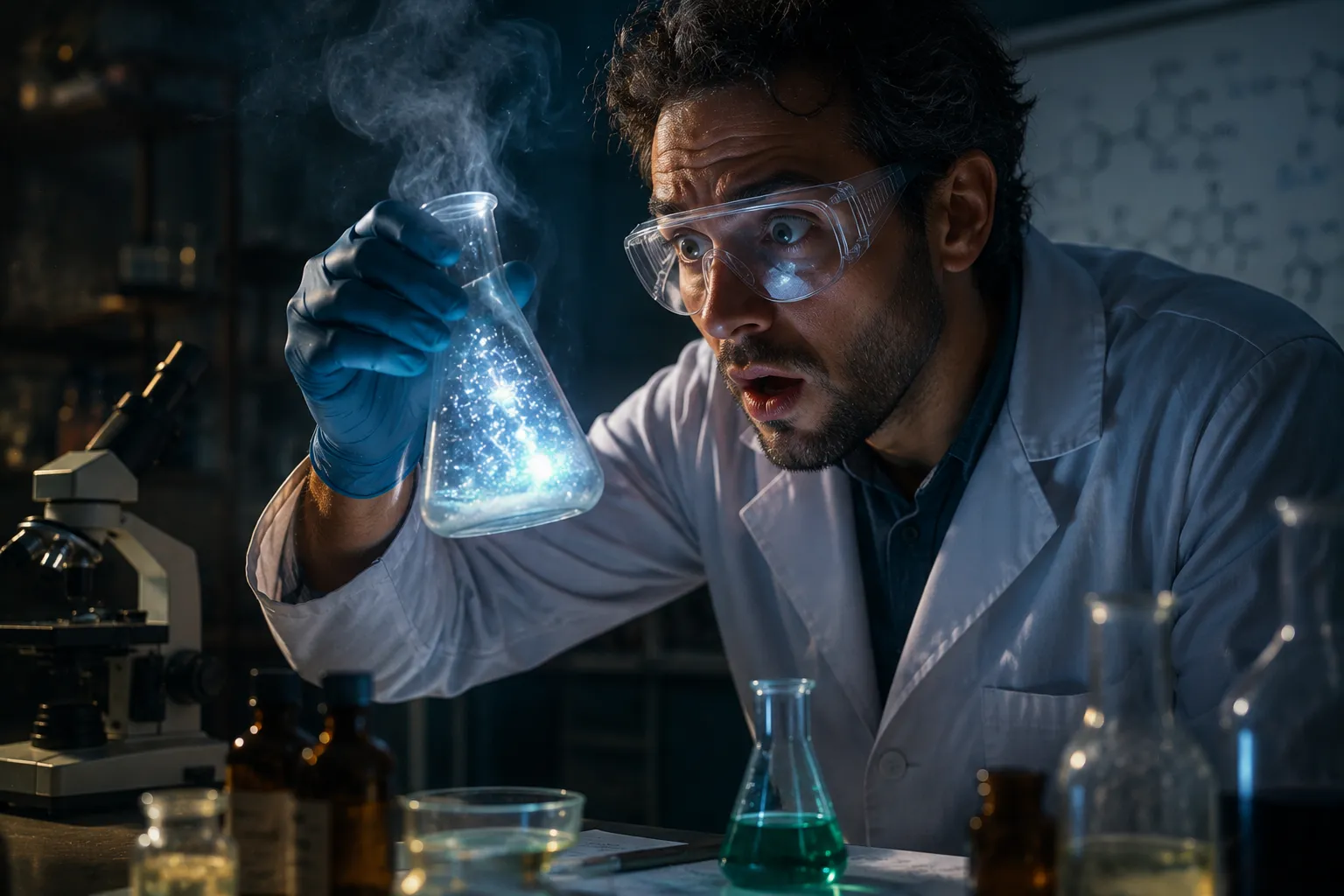 Científico en laboratorio descubriendo algo inesperado